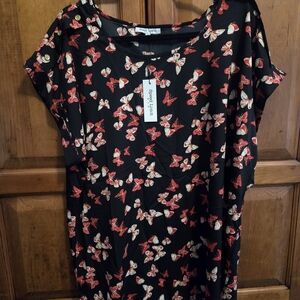 Simply Be Black Top with Red Butterfly Print